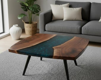 Mesa de centro de madera con resina epoxi / Mesa única estilo río / Muebles contemporáneos para sala de estar