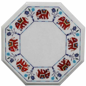 Marble Simple Design With Blessing Inlay Coffee Table Top | Corner Table Top | Pietra Dura Art