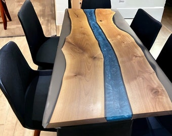 Handmade Epoxy River Dining Table: Walnut Wood & Resin