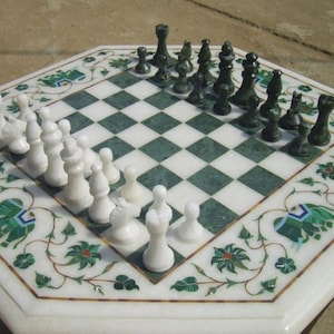 Malachite Stone White Marble Chess Board With Chess Pieces Handmade Home Collection