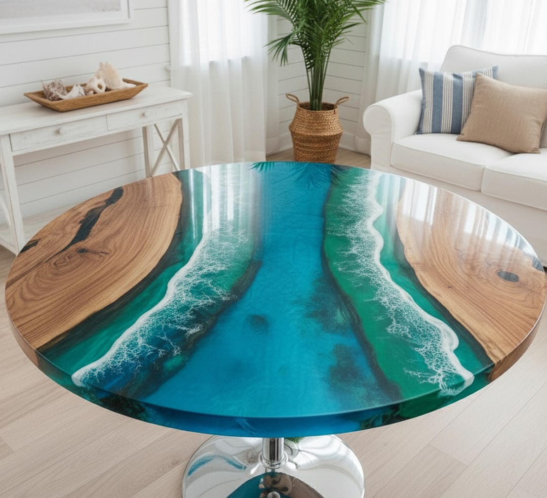 Round Ocean Epoxy Table | Blue Wave Resin and Wood Design | Coastal ...