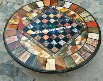 Handmade Marble Inlay Chess Board: Round Art Game Table Top
