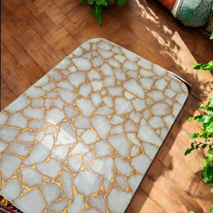 Elegant White Quartz Table Top with Unique Gold Design | Luxury Custom Stone Dining Surface | Modern Kitchen Island Upgrade