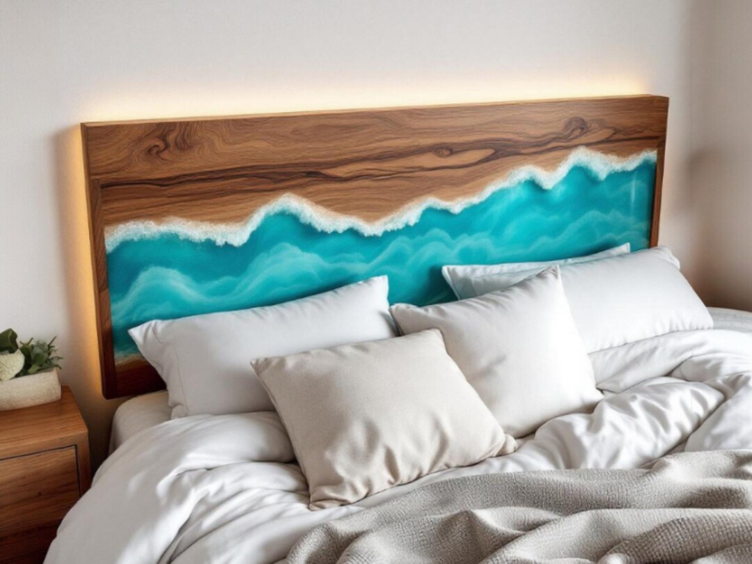 Epoxy Resin Ocean Wave Headboard | Handmade Wood Panel, Coastal Bedroom ...
