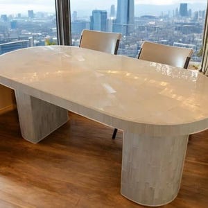 Selenite Dining Table with Twin Pedestal Base | Elegant Centerpiece with Sunburst Design | Customizable Without Pedestal Option