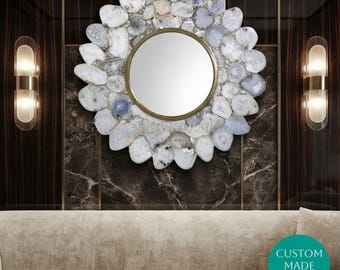 White Agate Sunburst Mirror, Handmade Round Semi-Precious Stone Luxury Wall Decor