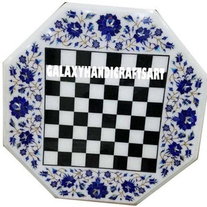 White Marble Lapis Lazuli Stone Chess Top With Fine Inlay Work Home Indoor Game Collection