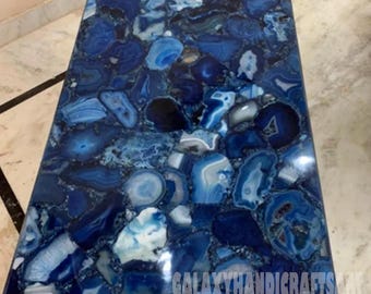 Mostrador de losa de ágata azul / Lujosa mesa personalizada / Muebles con piedras preciosas naturales / Decoración única para el hogar