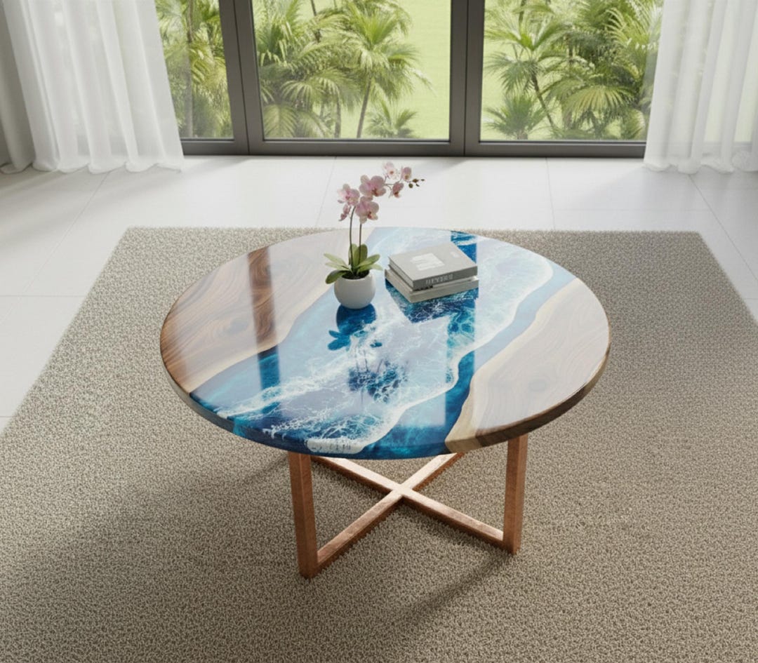 Blue Epoxy Ocean Table | Round Resin River Design | Handmade Modern ...