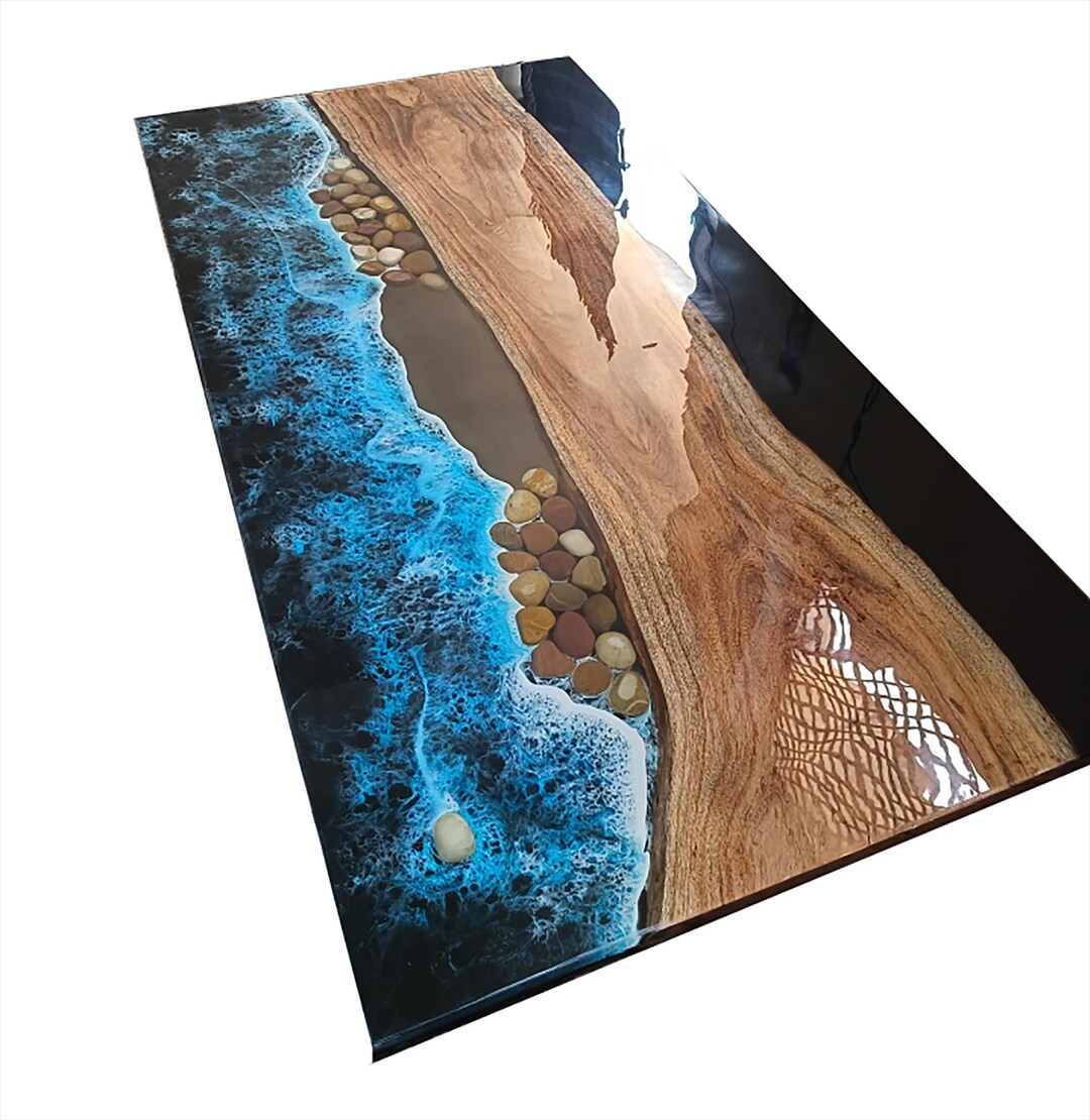 Handmade Epoxy Resin Ocean Dining Table: Natural Wood Centerpiece - Etsy