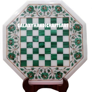 White Marble Chess Table Top Inlay Art Malachite Semi Precious Stone Home Decor