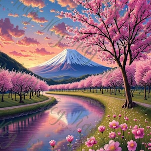Könnte beinhalten: Eine malerische Aussicht auf den Fuji in Japan, mit einem Fluss, der durch ein Feld mit rosafarbenen Kirschblüten fließt. Der Himmel ist in leuchtenden Rosa- und Orangetönen gehalten, mit flauschigen weißen Wolken.