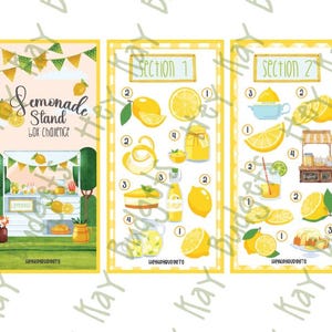 May include: Three illustrated cards with a lemonade theme. The first card shows a lemonade stand illustration with text "Lemonade Stand Box Challenge". The other two cards show lemon-themed illustrations with numbered sections.
