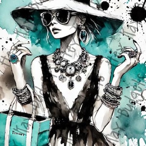 May include: Watercolor illustration of a woman in a wide-brimmed hat and sunglasses, adorned with jewelry. She holds a turquoise handbag with the word "Tiffany" on it. The artwork features a black and white color scheme with turquoise accents.