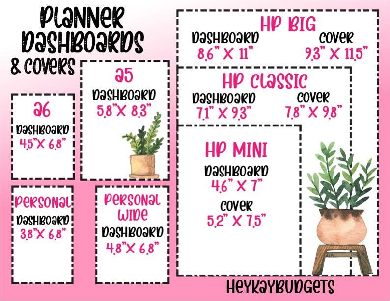 May include: A printable planner dashboard and cover template set with different sizes and styles. The set includes a personal, personal wide, HP mini, HP classic, and HP big dashboard and cover templates. The image also includes the text "PLANNER DASHBOARDS & COVERS" and "Heykaybudgets".