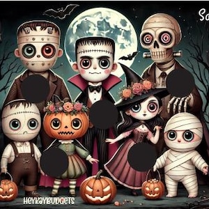 May include: A Halloween-themed pin the nose on the monster game with a black background and a full moon. The game features a variety of cute monster characters, including a Frankenstein, a vampire, a mummy, and a zombie. The game includes the text "Save $60".