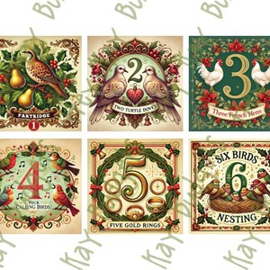 Könnte beinhalten: Zwölf illustrierte Weihnachtskarten mit einem festlichen Design mit einer Nummer, einem Vogel oder Tier und einem Spruch. Die Karten sind im Vintage-Stil mit goldenen Akzenten und in den Farben Grün, Rot und Weiß gehalten.