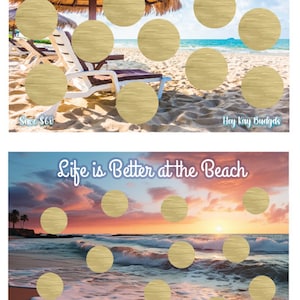 May include: Two printable beach-themed bingo cards with a tropical background. The top card says "Eat. Beach. Sleep. Repeat." and the bottom card says "Life is Better at the Beach." Both cards have 9 blank circles for bingo markers.