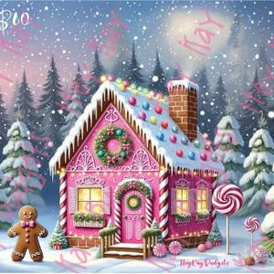 Może przedstawiać: Różowy domek z piernika z ozdobami z cukierków i piernikowym ludzikiem stojącym przed nim. Domek otoczony jest śnieżnymi drzewami i śnieżnym krajobrazem. Tekst "Save $10" znajduje się w lewym górnym rogu obrazu.