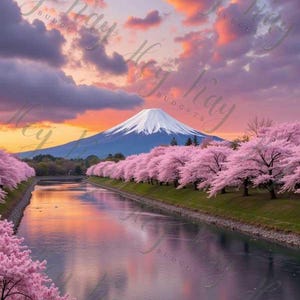 May include: A scenic view of Mount Fuji in Japan, with a river flowing through a valley lined with cherry blossom trees. The sky is a vibrant pink and orange, with fluffy clouds.