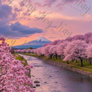 May include: A scenic view of Mount Fuji in Japan, with a river flowing through a valley lined with pink cherry blossom trees. The sky is a vibrant pink and orange, creating a beautiful sunset.