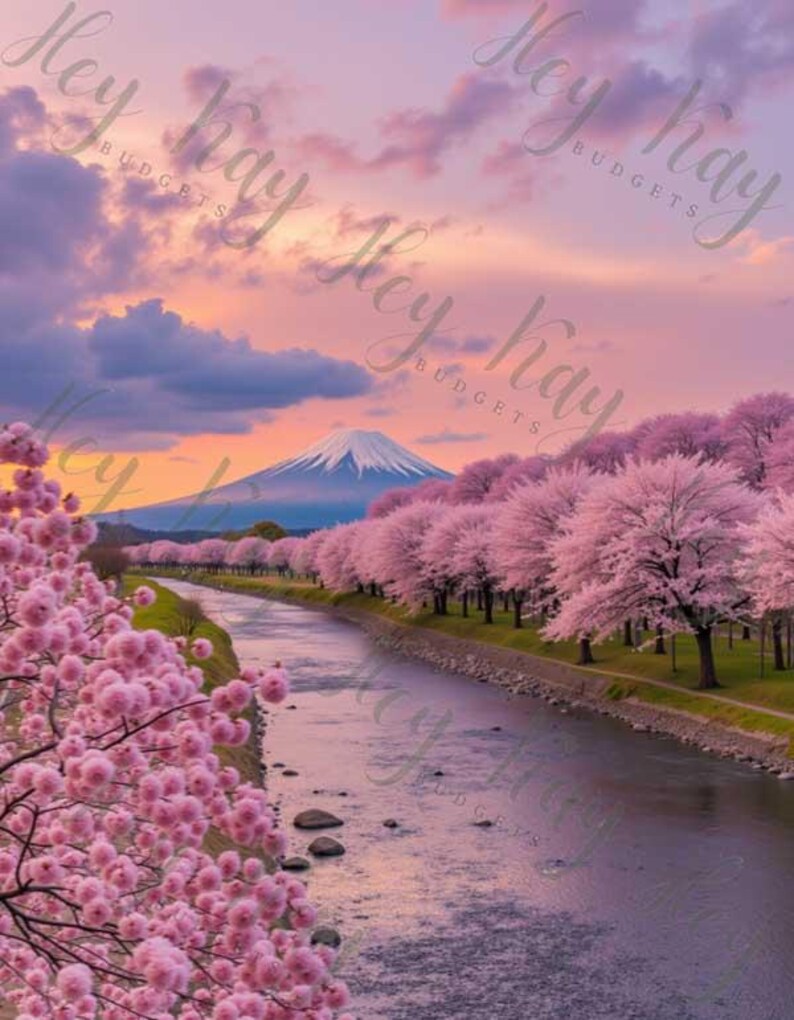 May include: A scenic view of Mount Fuji in Japan, with a river flowing through a valley lined with pink cherry blossom trees. The sky is a vibrant pink and orange, creating a beautiful sunset.