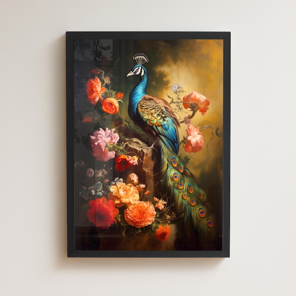 Stampa vintage con pavone e fiori, decorazione da parete con uccelli rinascimentali