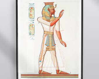May include: A vintage illustration of an Egyptian pharaoh, Ramses III, standing in profile. He is wearing a white kilt with a blue and gold sash, a gold collar, and a blue and gold headdress with a cobra. The illustration is titled "Portrait en pied de Ramses III".