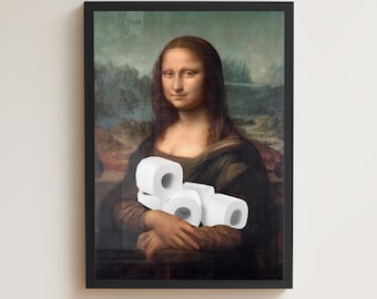 Mona Lisa With Toilet Roll, Vintage Altered Parody Art, Funny Portrait Painting, Bathroom Wall Art