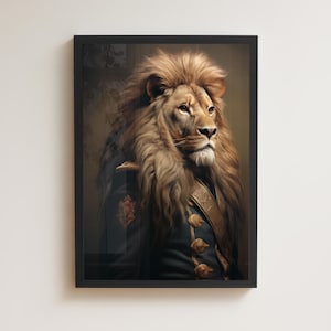 Print leeuw in militair uniform, dierenmuurkunst, katachtige poster, heroïsche leeuw, veranderde dierenkunst