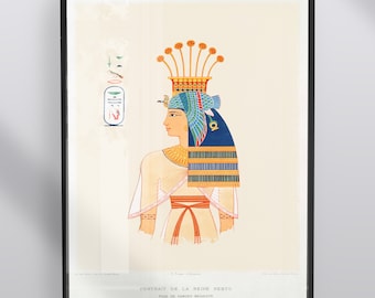 May include: A vintage illustration of an Egyptian queen wearing a blue and gold headdress with a crown of flowers. The queen is wearing a white dress with a red sash and a gold necklace. The illustration is titled "Portrait de la Reine Nebto, Fille de Ramès Mériamoun (XXI Dynastie)"