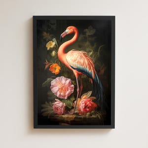 Stampa artistica floreale vintage con fenicottero: uccello rinascimentale malinconico