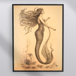 Vintage print zeemeerminsirene, decor Dark Academia, vintage sirenekunst, humeurige antieke kunst, nautisch, vintage badkamer, kustesthetiek