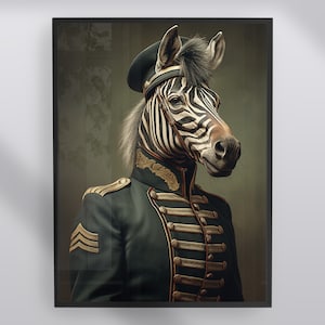 Zebra in Military Uniform Print | hallway | entryway | living room | bedroom | Animal Portrait | A5 A4 A3 8x10 11x14