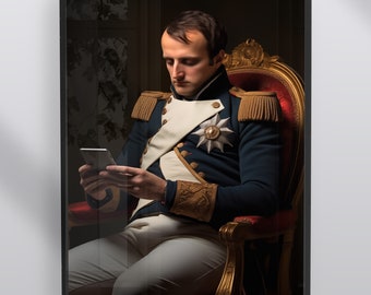 May include: A man in a military uniform and white pants sits in a gold and red chair. He is looking down at a black smartphone in his hands.