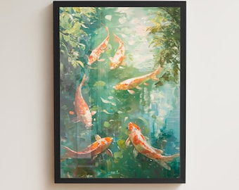 Vintage Koi Fish Print: Calming Aquatic Art, Colourful Wall Decor