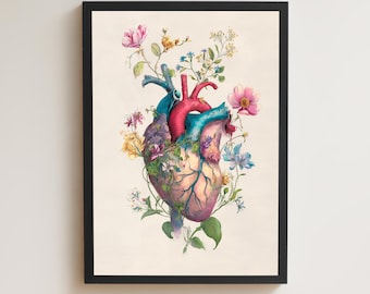 May include: A framed watercolor print of a human heart intertwined with colorful flowers and foliage. The heart is depicted in shades of red, blue, and purple, with delicate floral accents in pink, yellow, and blue. The artwork is set against a cream-colored background.