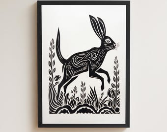 Hare Linocut Style Print, Scandinavian Folk Art Wall Decor, Minimalist BlackRabbit Art, Woodland Animal Block Print, Nature Inspired