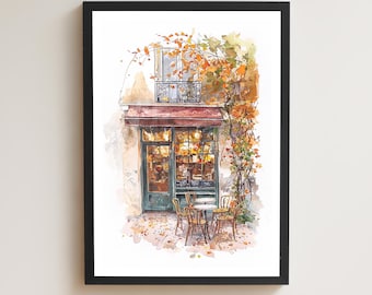 Paris Cafe Wall Art Print, Autumn Street Scene Watercolor, French Bistro Art, Cozy Fall Decor, Romantic European City Poster