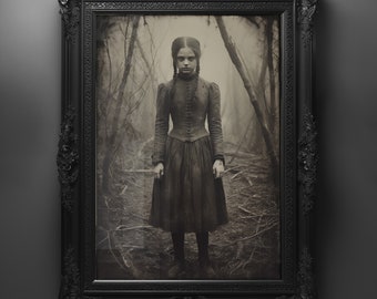 Girl in Haunted Forest Print, Gothic, Horror Photo, Creepy Victorian Style Print, Halloween Decoration