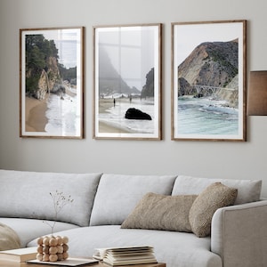 Juego de 3 impresiones, arte mural costero de Big Sur - Arte mural extragrande del océano de California, decoración de fotografía de naturaleza enmarcada o sin marco de Big Sur