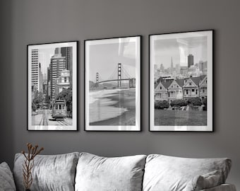 San Francisco Black and White Wall Art Set of 3 Prints - Oversized 3 Piece Wall Art, Extra Large Framed San Francisco Fine Art Photography