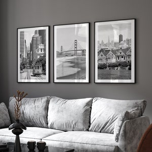 San Francisco Black and White Wall Art Set of 3 Prints - Oversized 3 Piece Wall Art, Extra Large Framed San Francisco Fine Art Photography