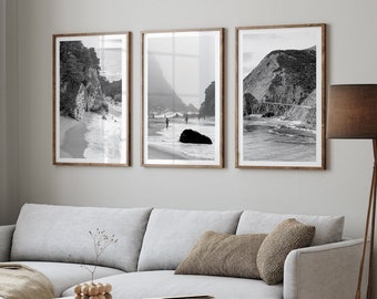 Big Sur Black and White Fine Art Photography Print Set of Three - Large Framed or Unframed California Coastal Triptych for Home Decor
