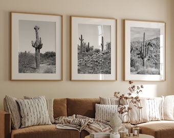 Arizona Desert Set of 3 Fine Art Prints - Saguaro Cactus 3 Piece Wall Art, Extra Large Framed Black and White Desert Photography Triptych