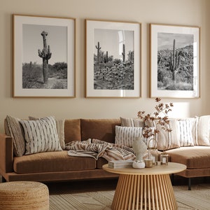 Arizona Wüste 3er Set Fine Art Prints - Saguaro Kaktus 3-teilige Wandkunst, extragroße gerahmte Schwarzweiß-Wüste Fotografie Triptychon
