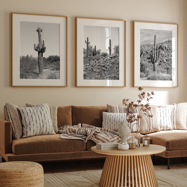 Conjunto de 3 Gravuras Artísticas do Deserto do Arizona - Cacto Saguaro, Conjunto de 3 Peças para Decoração de Parede, Tríptico Fotográfico Extra Grande em Preto e Branco com Moldura.