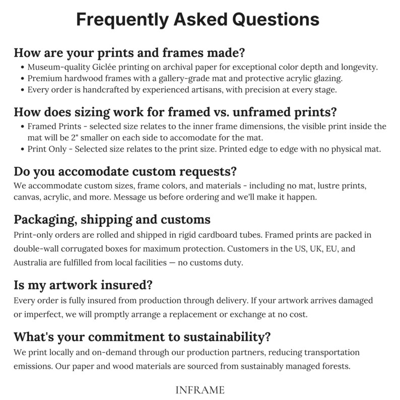 May include: Text on a white background reads "Frequently Asked Questions" followed by answers about print and frame quality, sizing, custom requests, packaging, insurance, and sustainability. The text is in a clean, easy-to-read font.