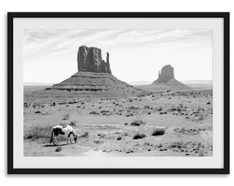 Impresión artística de un caballo del desierto occidental: decoración americana del oeste con o sin marco, fotografía del desierto en blanco y negro, póster de caballo enmarcado