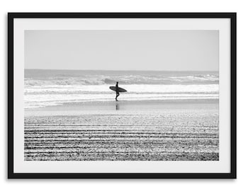 Lone Surfer Fine Art Photography Print - Minimalist Black and White Beach Wall Art, Framed or Unframed Surfboard Wall Art for Home Decor